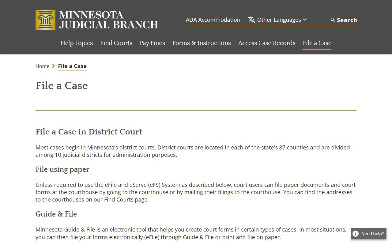 Hubbard County court records filing information for Minnesota District Court