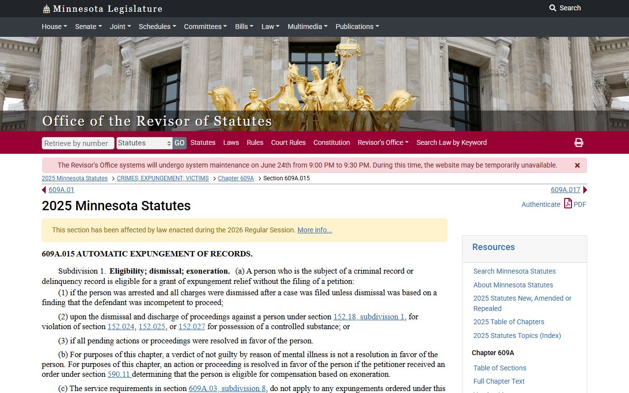 Hubbard County criminal court records automatic expungement statute