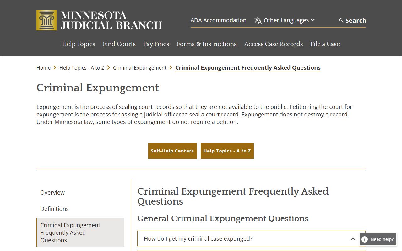 Hubbard County criminal court records expungement FAQ source