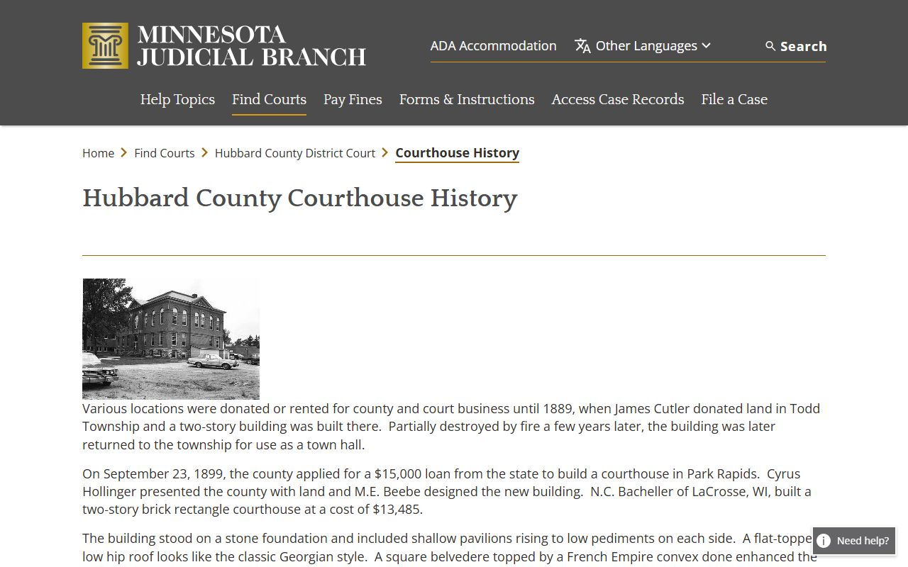 Hubbard County District Court courthouse history source