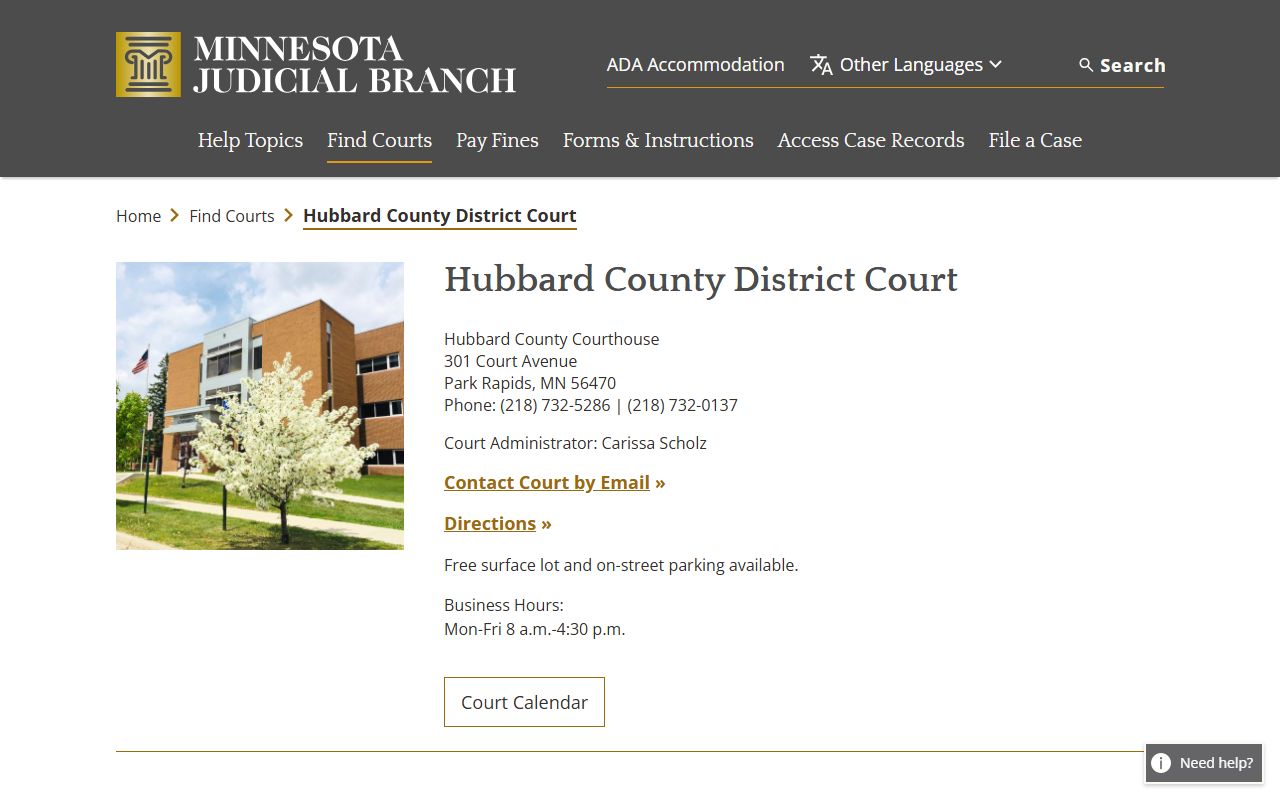 Hubbard County court records District Court page