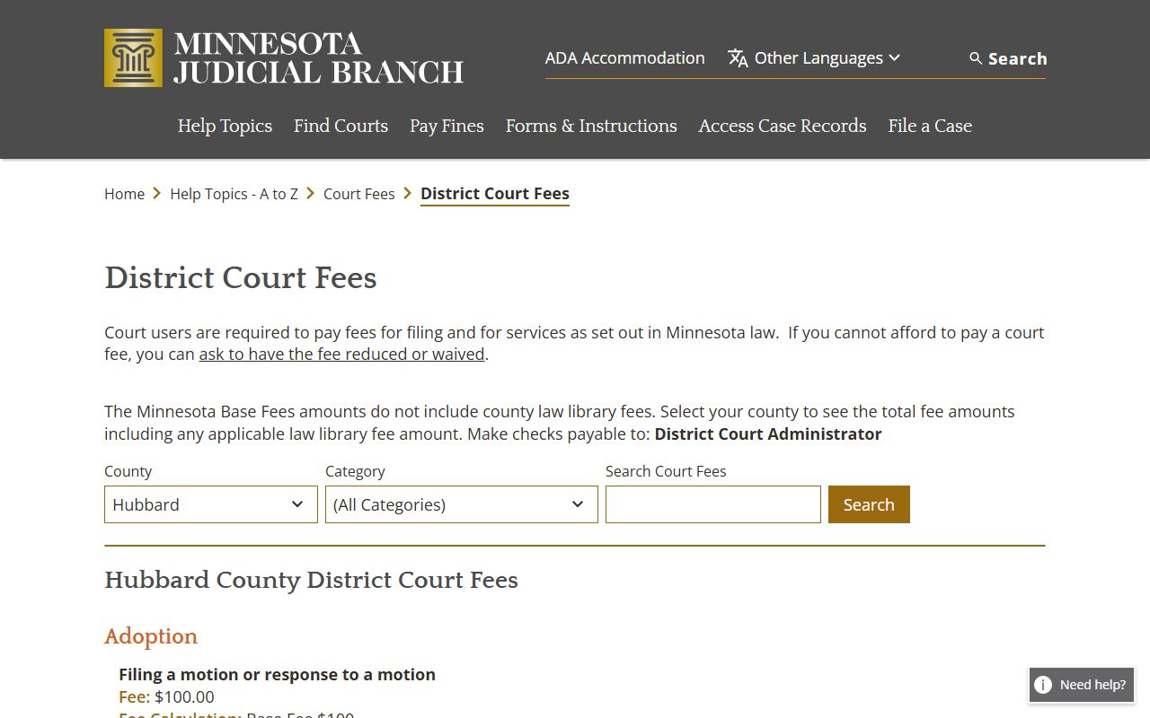 Hubbard County court records fee schedule