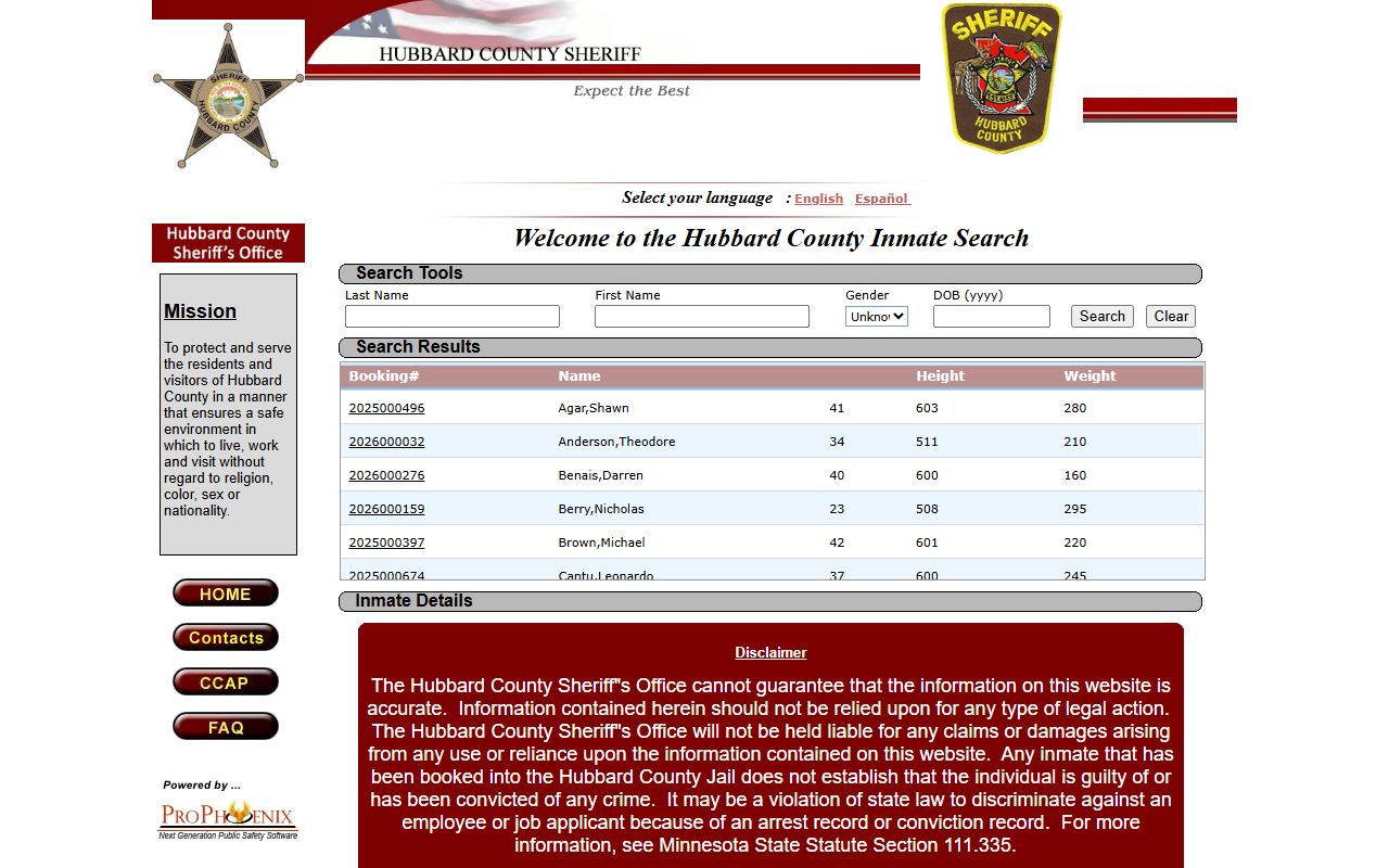 Hubbard County inmate records inmate locator search page