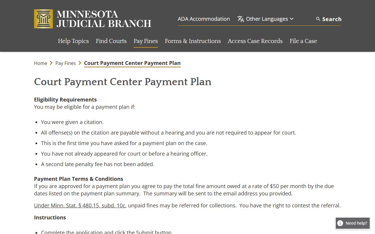 Hubbard County traffic court records payment plan request